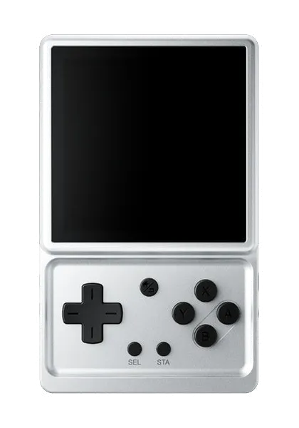 Silver Anbernic RG Rotate handheld with its screen rotated open