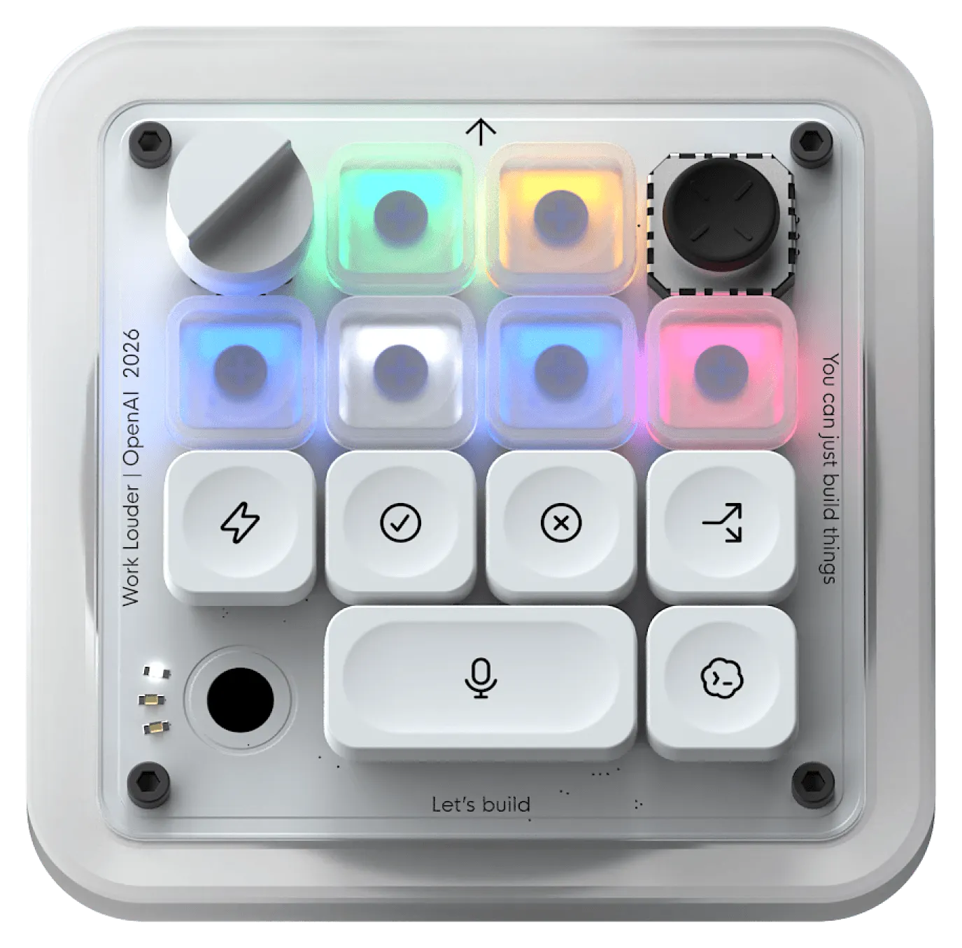 White Work Louder Codex Micro macro pad with illuminated keys, a dial, and a joystick