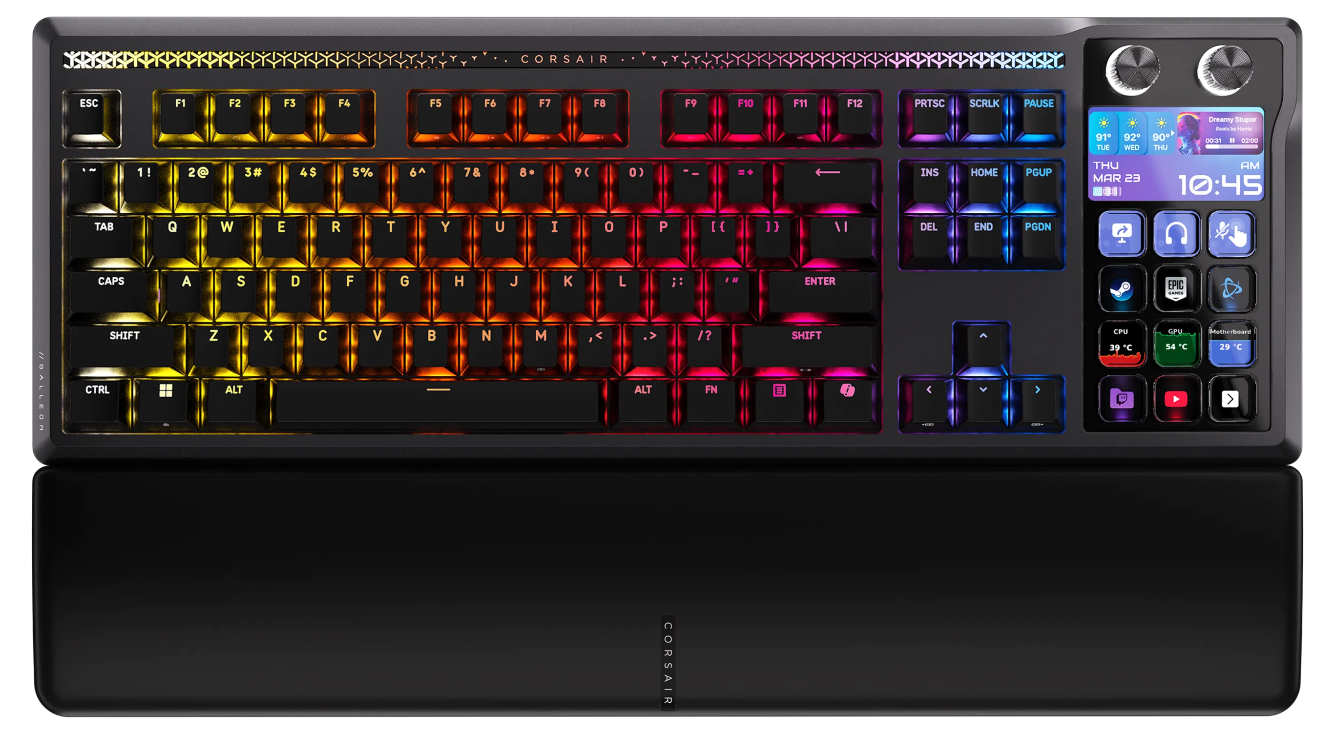 Corsair GALLEON 100 SD mechanical keyboard with its wrist rest